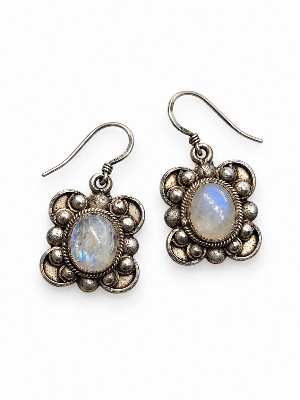 Vintage 925 Sterling Silver Rainbow Moonstone Floral Dangle Earrings